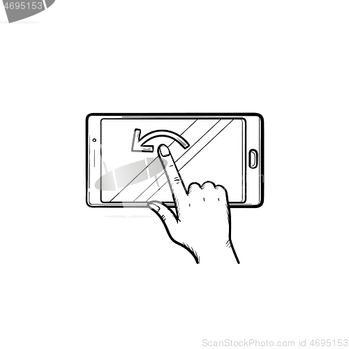 Image of Hand touching smartphone screen hand drawn outline doodle icon.