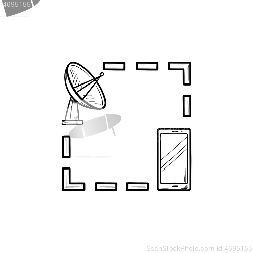 Image of Satellite antenna and mobile phone hand drawn outline doodle icon.