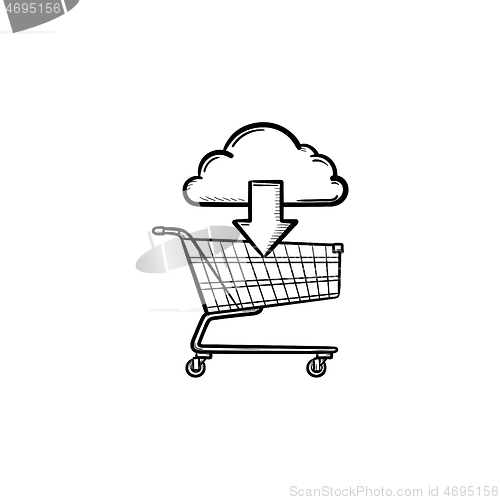 Image of Cloud with arrow pointing at shopping cart hand drawn outline doodle icon.