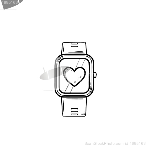 Image of Smartwatch with heart hand drawn outline doodle icon.