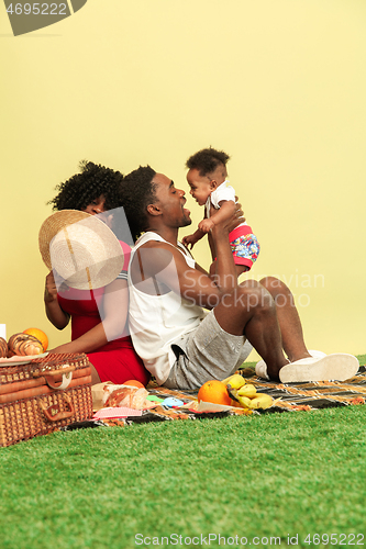 Image of Happy family having picnic at studio