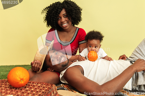 Image of Happy family having picnic at studio