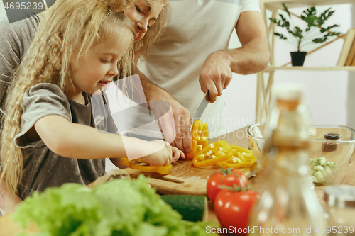 Image of Cute little girl and her beautiful parents are cutting vegetables in kitchen at home