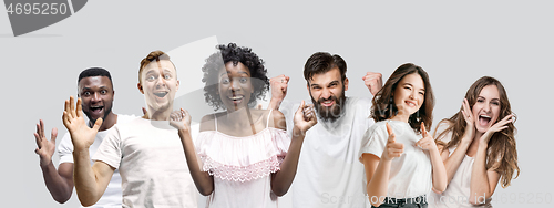 Image of The collage of faces of surprised people on white backgrounds.