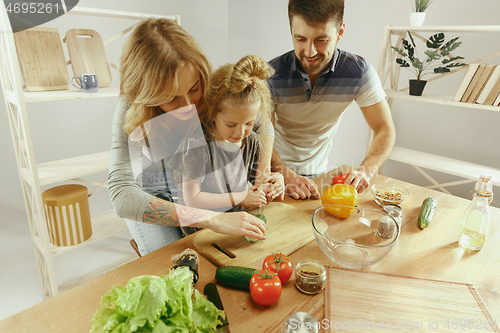 Image of Cute little girl and her beautiful parents are cutting vegetables in kitchen at home