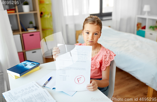 Image of sad student girl with failed school test at home