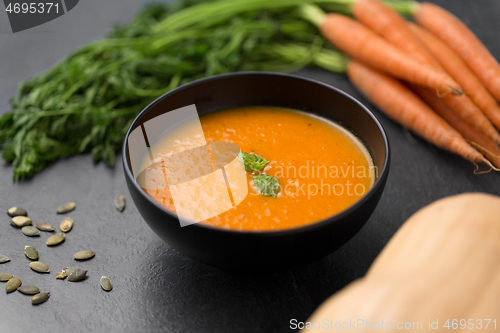 Image of close up of pumpkin cream soup and vegetables