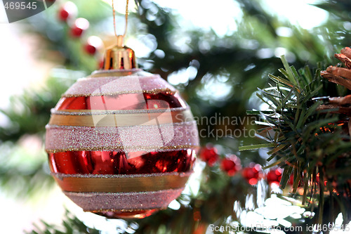 Image of Christmas ornaments on tree.