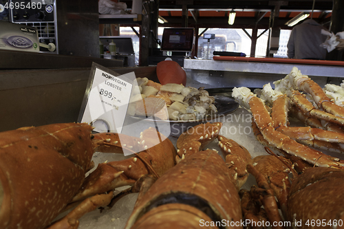 Image of  Lobster and king crab at the fish market in Bergen, Norway