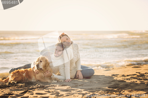 Image of Couple with dog enjoying time on beach