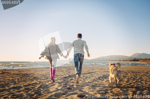 Image of couple with dog having fun on beach on autmun day