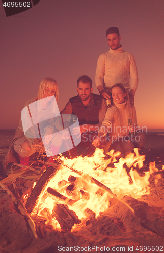 Image of Friends having fun at beach on autumn day