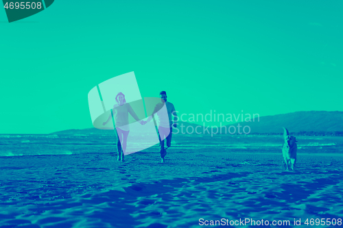 Image of couple with dog having fun on beach on autmun day