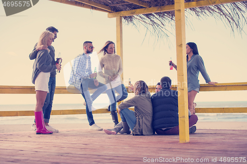Image of Group of friends having fun on autumn day at beach