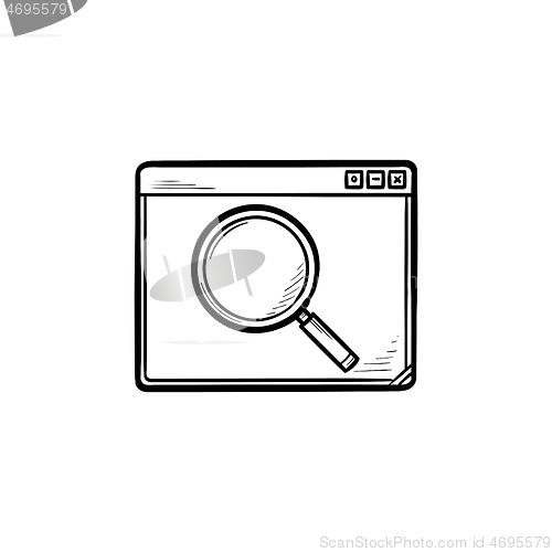 Image of Browser window with magnifying glass hand drawn outline doodle icon.