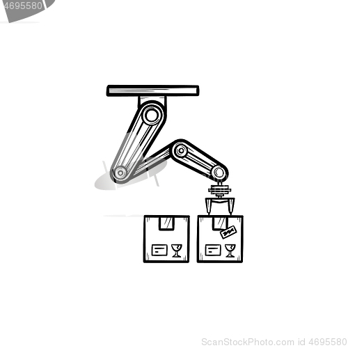 Image of Robotic arm picking cardboard box hand drawn outline doodle icon.