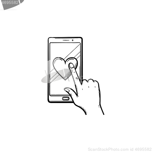 Image of Hand clicking heart on smartphone screen hand drawn outline doodle icon.