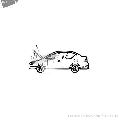 Image of Broken car with open hood and steam hand drawn outline doodle icon.