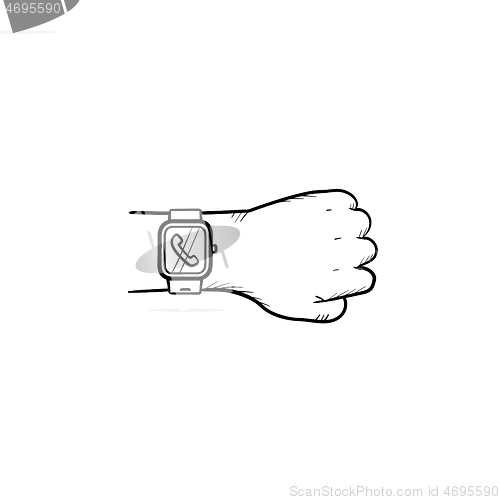 Image of Hand wearing smart watch with incoming call hand drawn outline doodle icon.