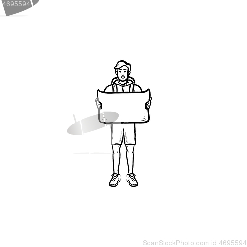 Image of Tourist with backpack holding a map hand drawn outline doodle icon.