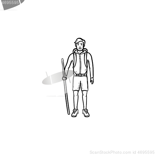 Image of Hiker with backpack and walking stick hand drawn outline doodle icon.