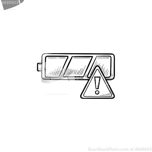 Image of Empty battery with exclamation mark hand drawn outline doodle icon.