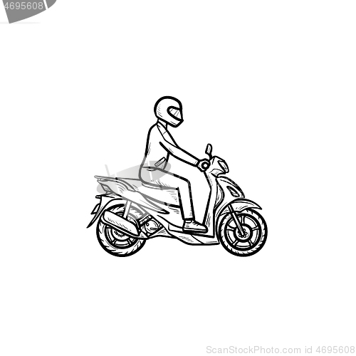 Image of Motorcyclist riding motorbike hand drawn outline doodle icon.