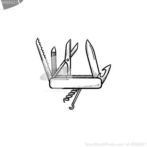 Image of Swiss folding knife hand drawn outline doodle icon.