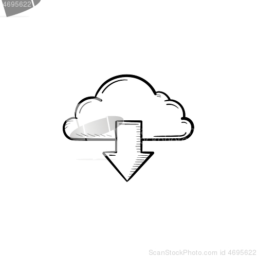 Image of Cloud with arrow down hand drawn outline doodle icon.