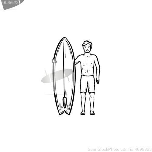 Image of Surfer standing with surfboard hand drawn outline doodle icon.