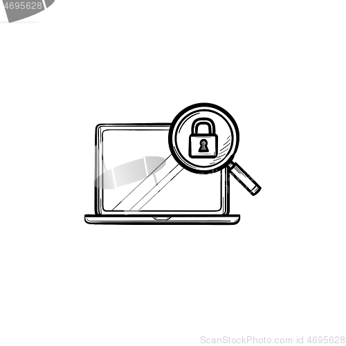 Image of Laptop with magnifying glass and padlock hand drawn outline doodle icon.