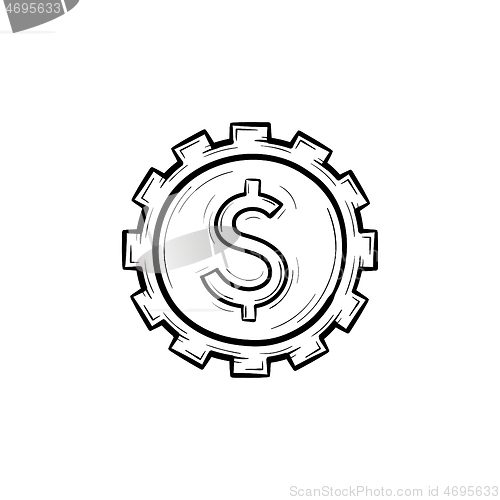 Image of Cog with dollar inside hand drawn outline doodle icon.