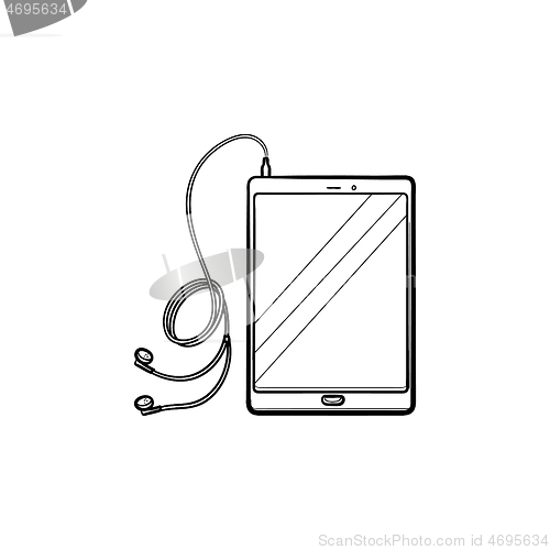 Image of Tablet with headphones hand drawn outline doodle icon.