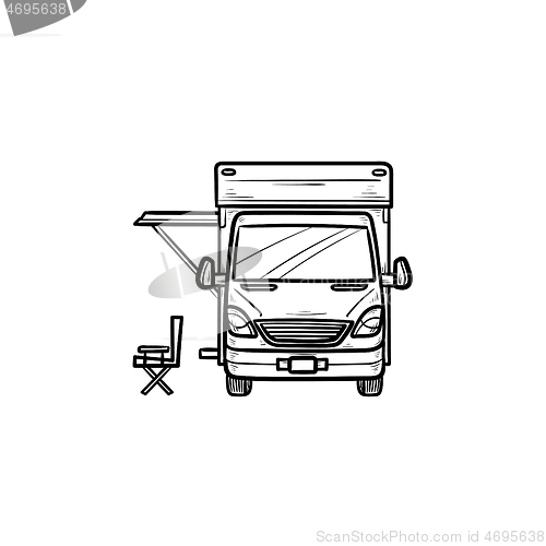 Image of Motorhome with tent hand drawn outline doodle icon.