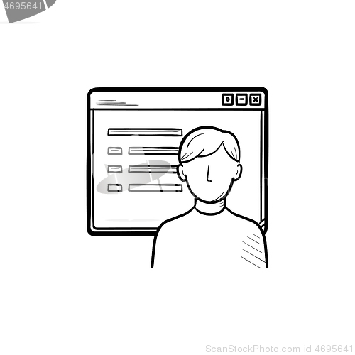 Image of Browser window with social network webpage hand drawn outline doodle icon.