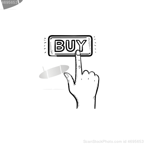 Image of Finger clicks on buy button hand drawn outline doodle icon.