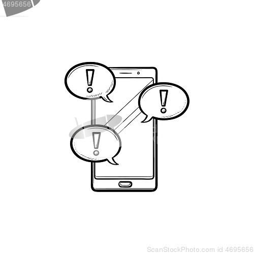 Image of Mobile phone and text message with exclamation point hand drawn outline doodle icon.