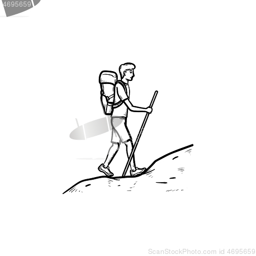 Image of Tourist backpacker climbing hand drawn outline doodle icon.