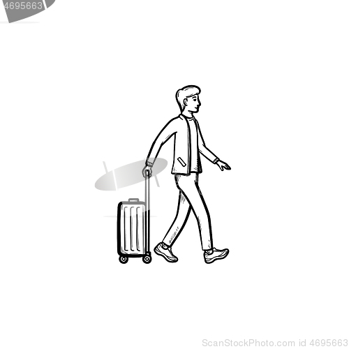 Image of Business traveler walking with suitcase hand drawn outline doodle icon.