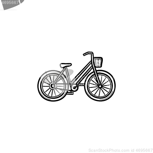 Image of Woman bike with basket hand drawn outline doodle icon.