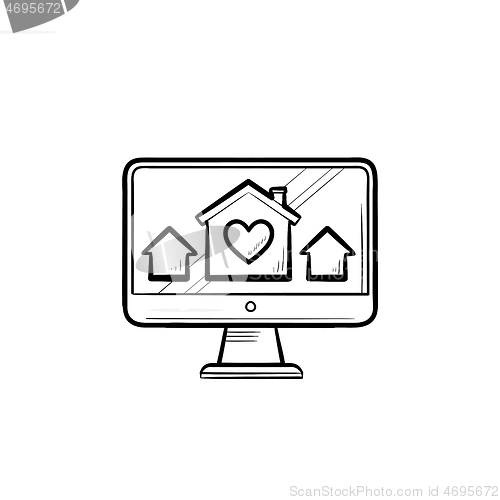 Image of Computer monitor with houses and house with heart hand drawn outline doodle icon.