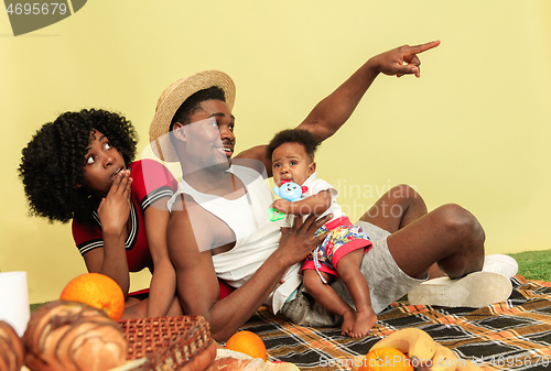 Image of Happy family having picnic at studio