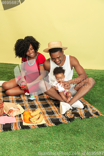 Image of Happy family having picnic at studio