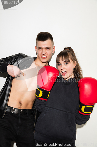 Image of Close up fashion portrait of two young pretty hipster teens