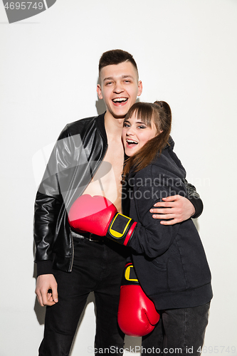 Image of Close up fashion portrait of two young pretty hipster teens