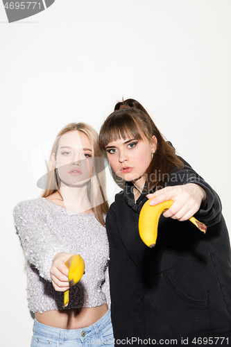 Image of Close up fashion portrait of two young pretty hipster teens