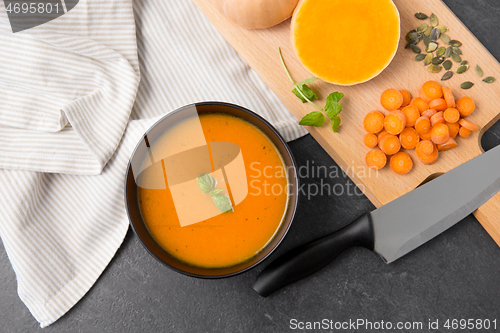 Image of close up of vegetable pumpkin cream soup in bowl