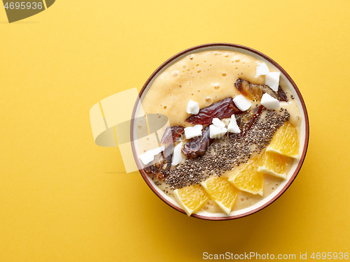 Image of breakfast smoothie bowl on yellow background