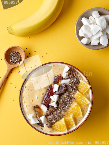 Image of breakfast smoothie bowl on yellow background