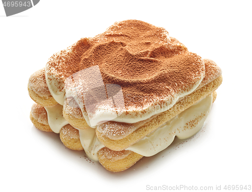 Image of Tiramisu dessert on white background